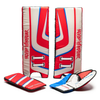 Red, white, and blue hockey goalie pads with 'Road Warrior' branding on a white background.