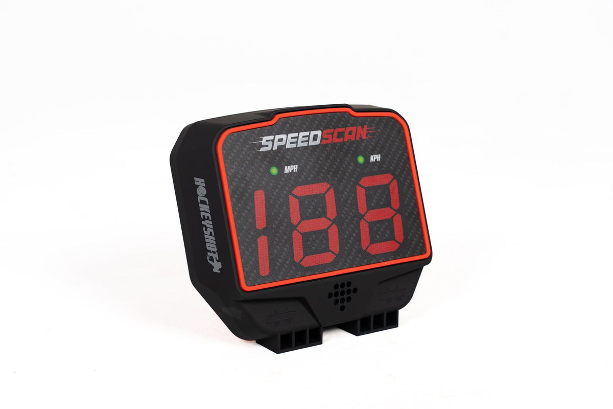 HockeyShot SpeedScan radar unit displaying shot speed on its LED screen